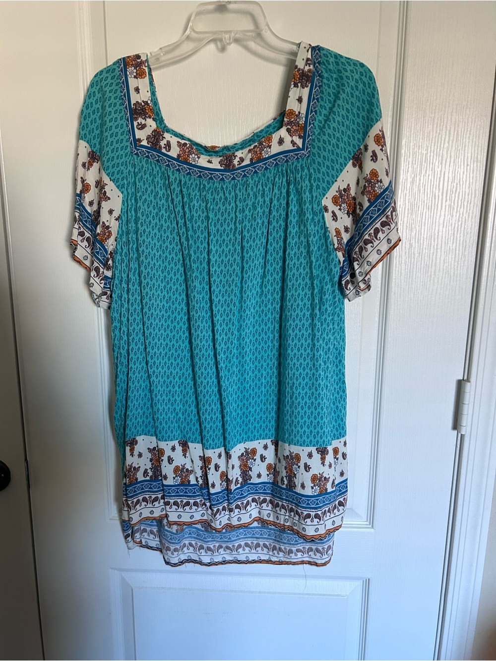 Suzanne Betro Turquoise Square-Neck Boho Peasant Tunic with Floral Border